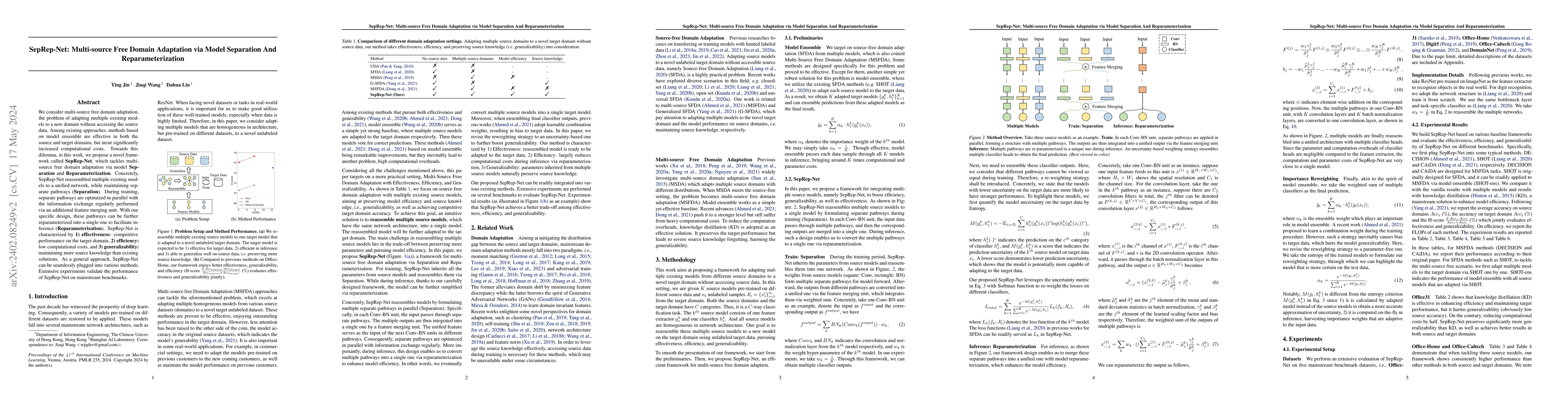 Thumbnail for SepRep-Net: Multi-source Free Domain Adaptation via Model Separation And
  Reparameterization