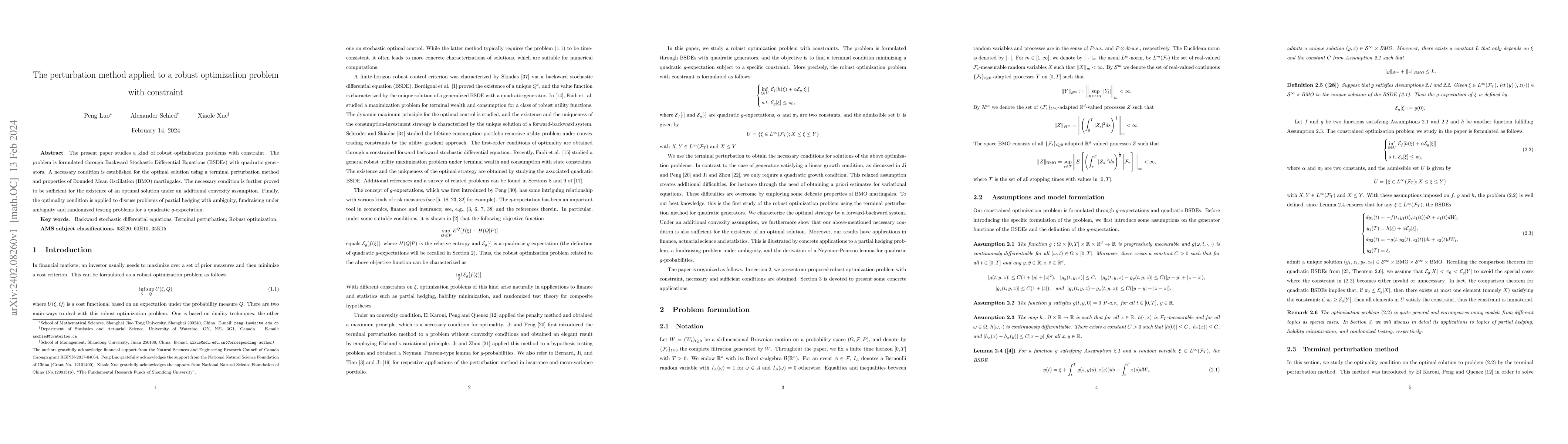 Thumbnail for The perturbation method applied to a robust optimization problem with
  constraint