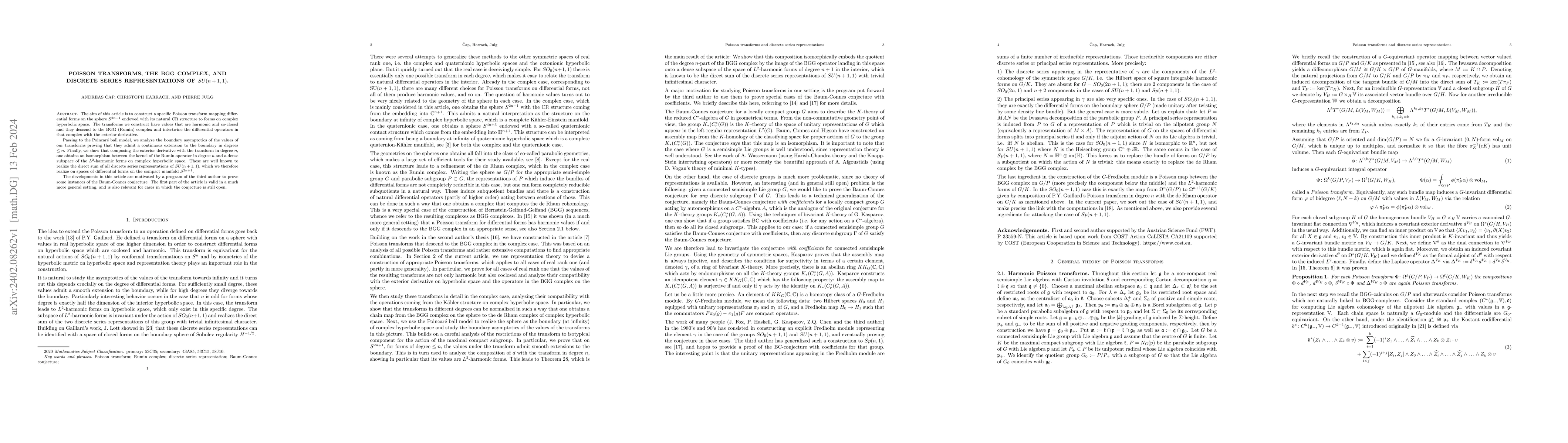 Thumbnail for Poisson transforms, the BGG complex, and discrete series representations
  of SU(n+1,1)