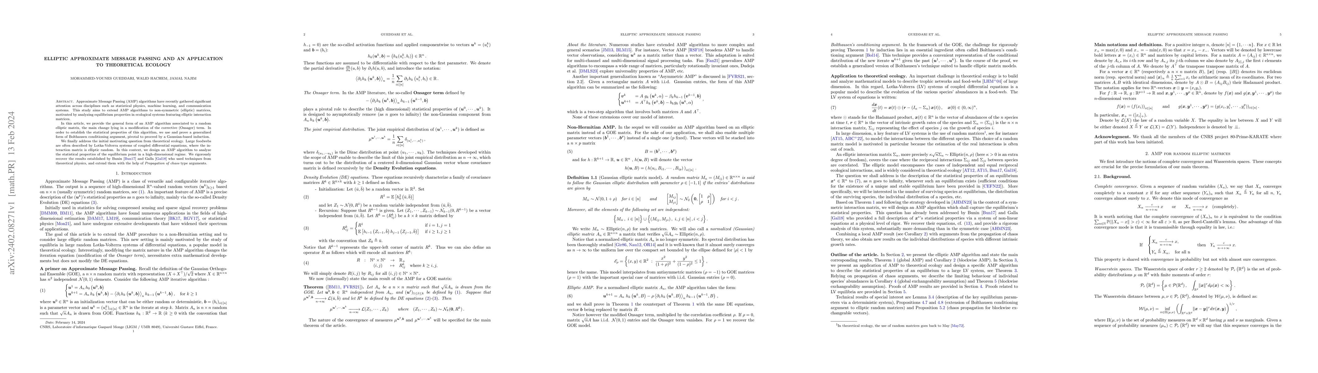Thumbnail for Elliptic Approximate Message Passing and an application to theoretical
  ecology