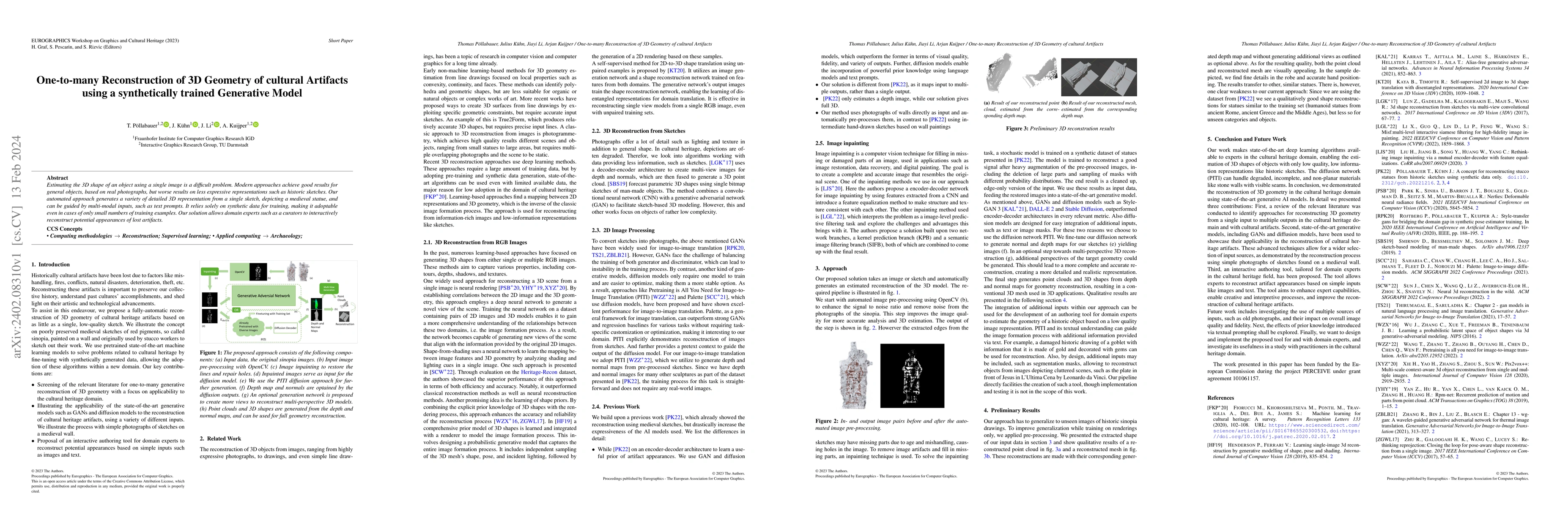 Thumbnail for One-to-many Reconstruction of 3D Geometry of cultural Artifacts using a
  synthetically trained Generative Model