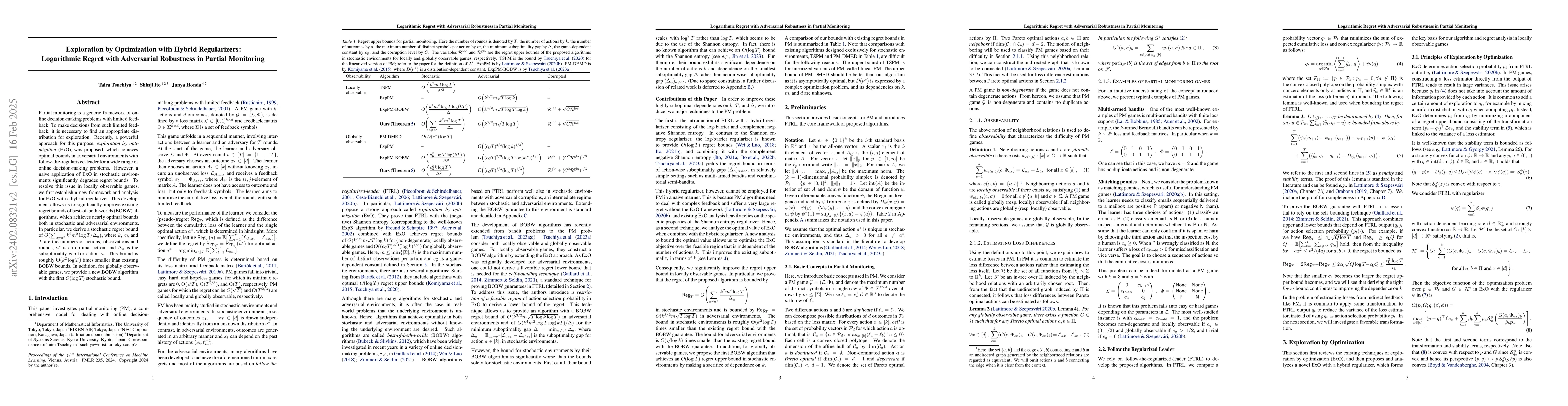 Thumbnail for Exploration by Optimization with Hybrid Regularizers: Logarithmic Regret
  with Adversarial Robustness in Partial Monitoring