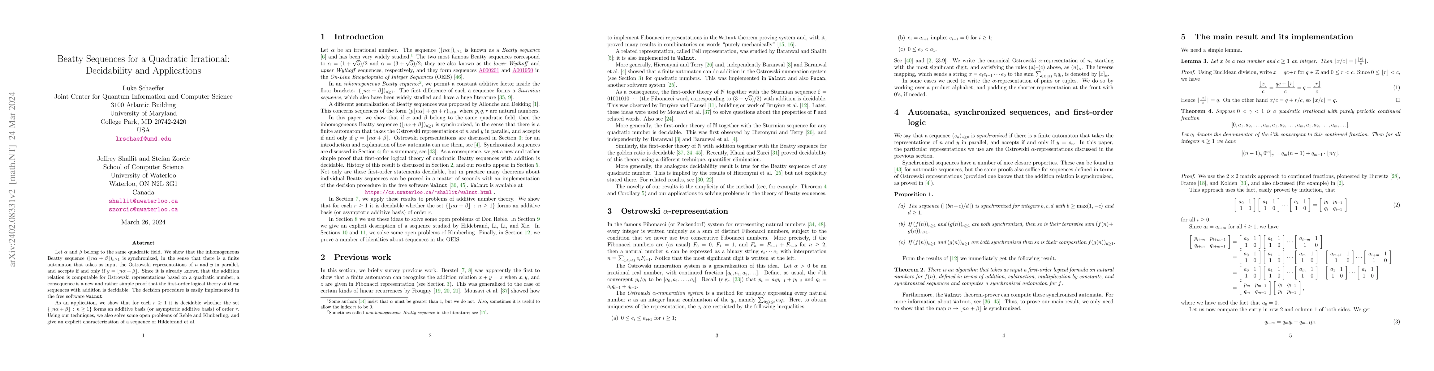 Thumbnail for Beatty Sequences for a Quadratic Irrational: Decidability and
  Applications