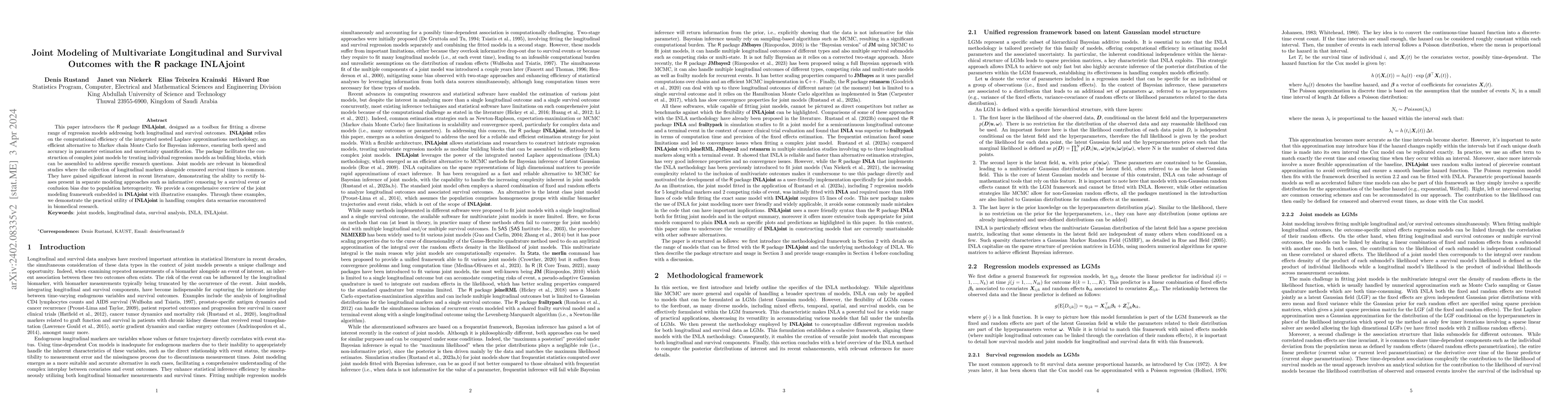 Thumbnail for Joint Modeling of Multivariate Longitudinal and Survival Outcomes with
  the R package INLAjoint