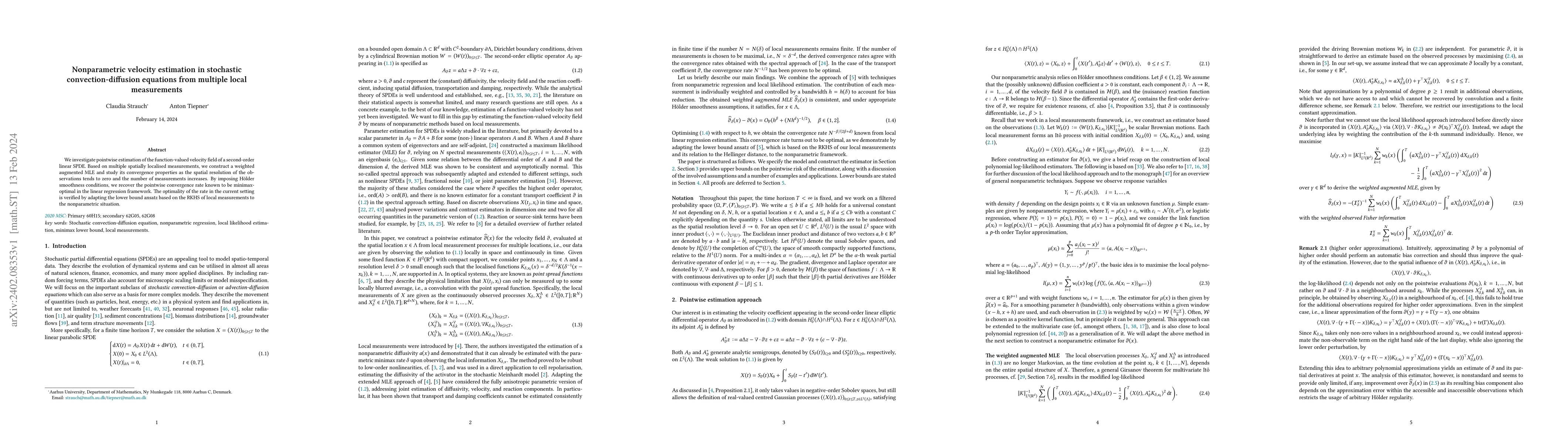 Thumbnail for Nonparametric velocity estimation in stochastic convection-diffusion
  equations from multiple local measurements