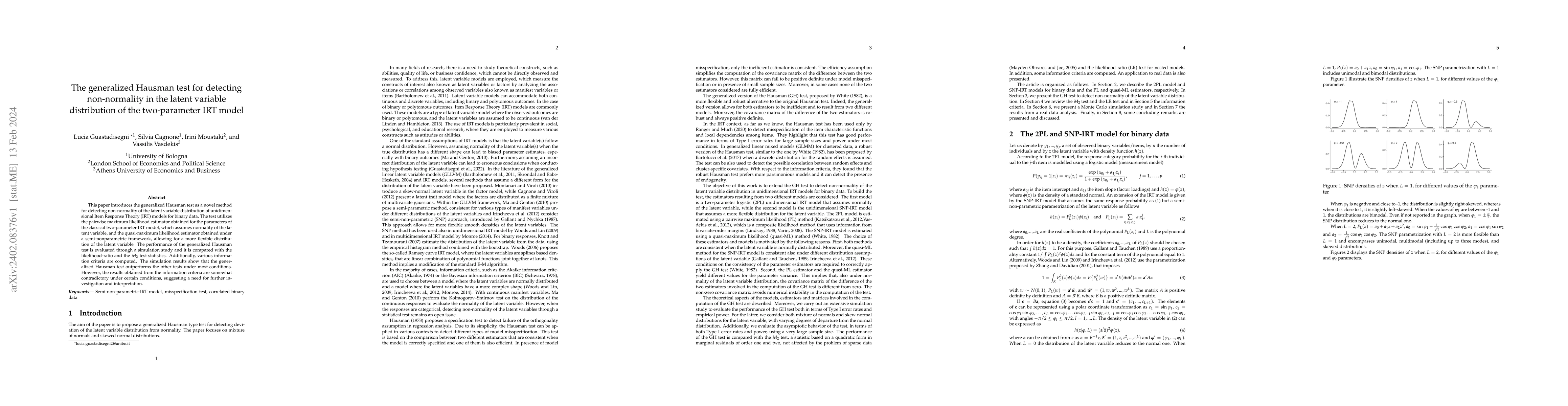 Thumbnail for The generalized Hausman test for detecting non-normality in the latent
  variable distribution of the two-parameter IRT model
