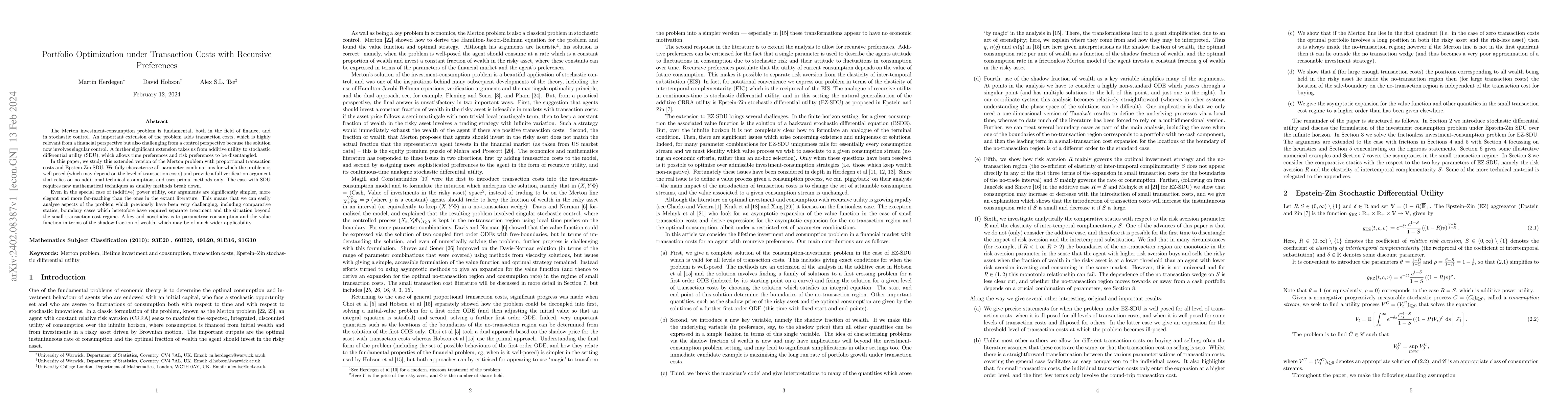 Thumbnail for Portfolio Optimization under Transaction Costs with Recursive
  Preferences