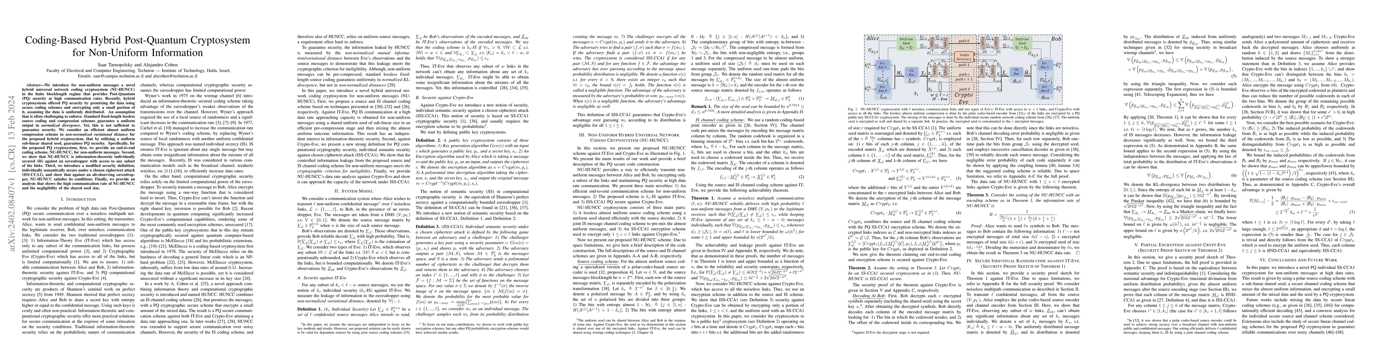Thumbnail for Coding-Based Hybrid Post-Quantum Cryptosystem for Non-Uniform
  Information