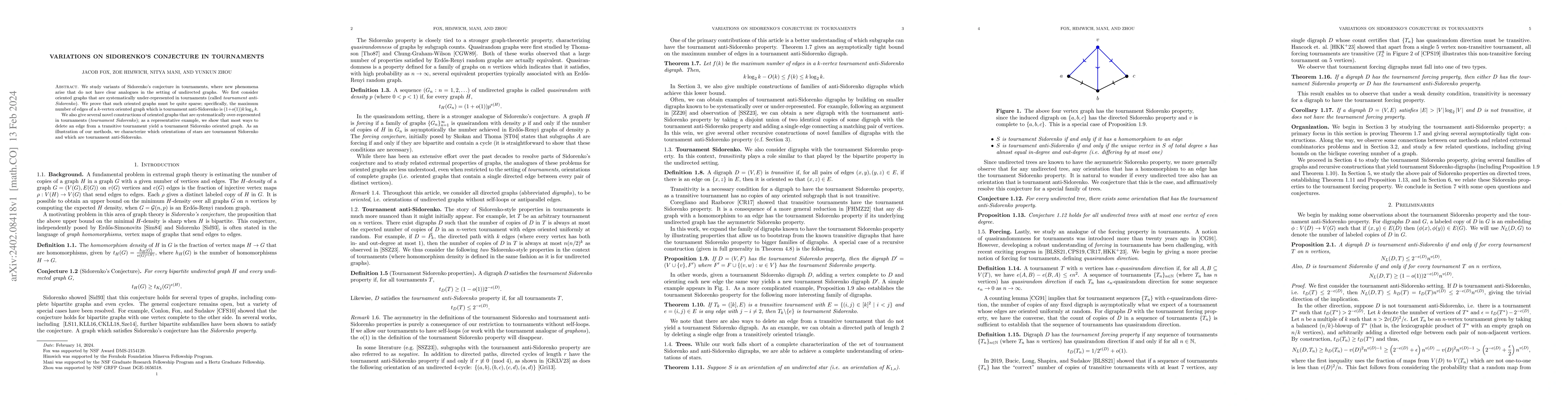 Thumbnail for Variations on Sidorenko's conjecture in tournaments