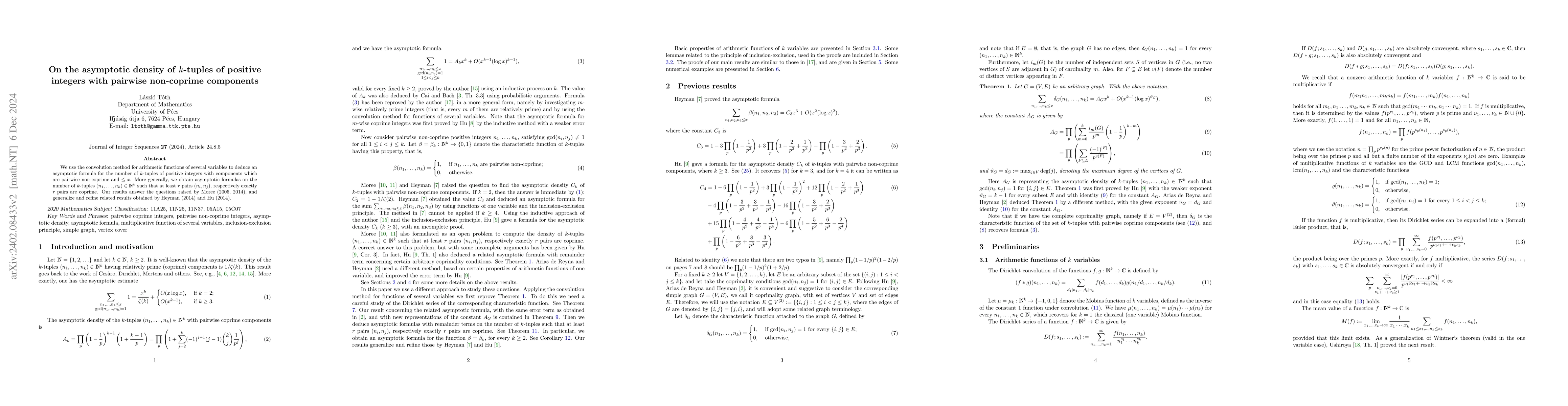 Thumbnail for On the asymptotic density of $k$-tuples of positive integers with
  pairwise non-coprime components