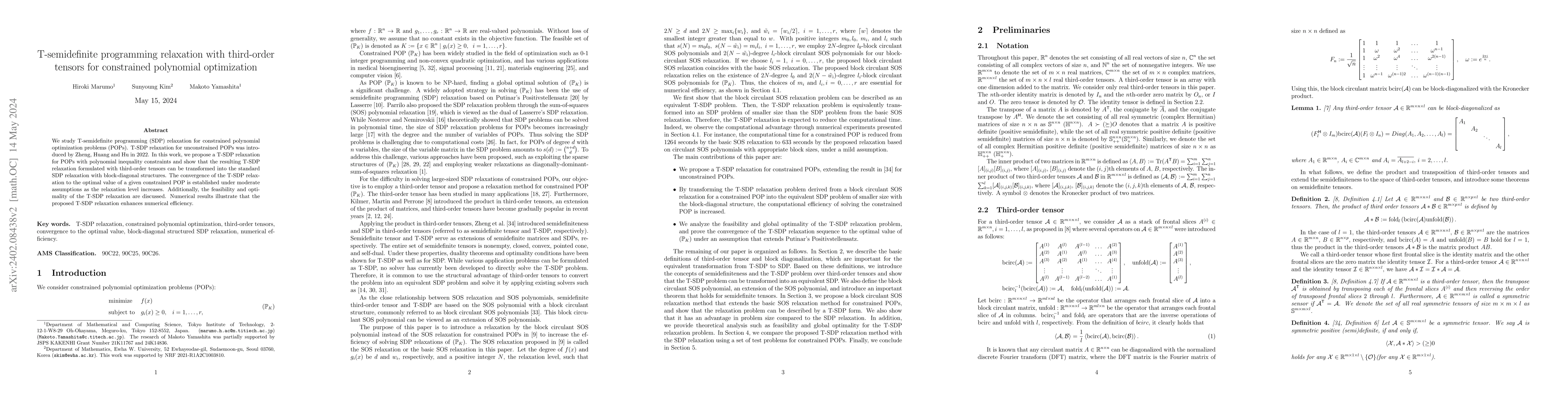 Thumbnail for T-semidefinite programming relaxation with third-order tensors for
  constrained polynomial optimization