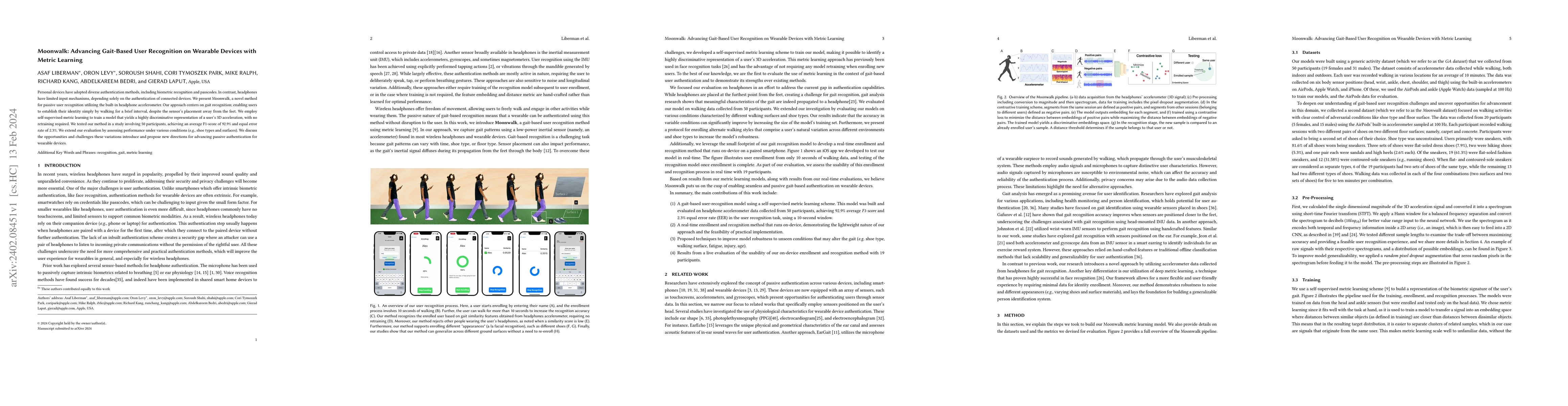 Thumbnail for Moonwalk: Advancing Gait-Based User Recognition on Wearable Devices with
  Metric Learning
