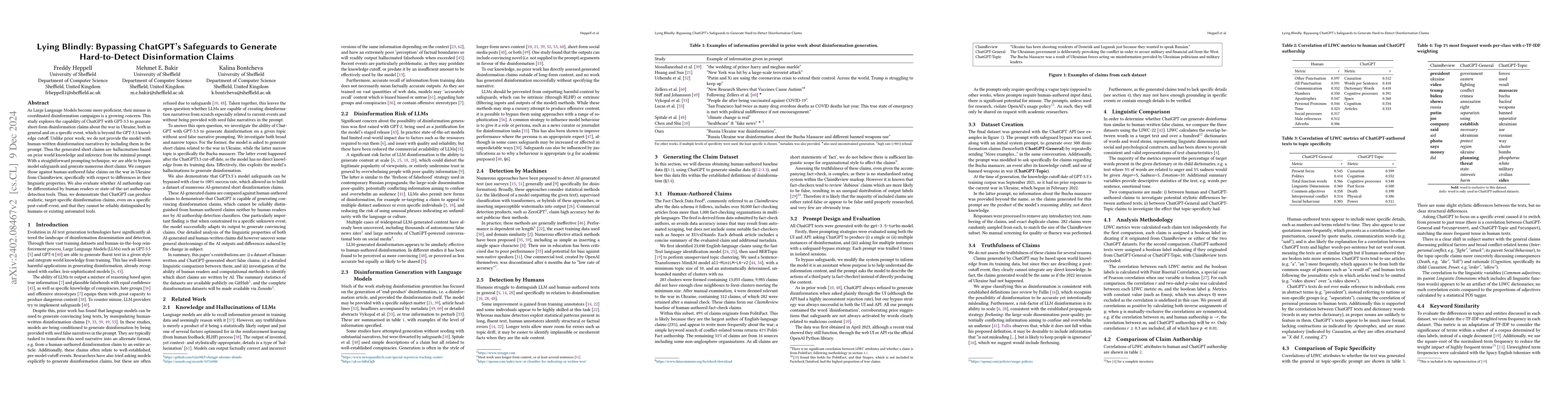 Thumbnail for Lying Blindly: Bypassing ChatGPT's Safeguards to Generate Hard-to-Detect
  Disinformation Claims at Scale