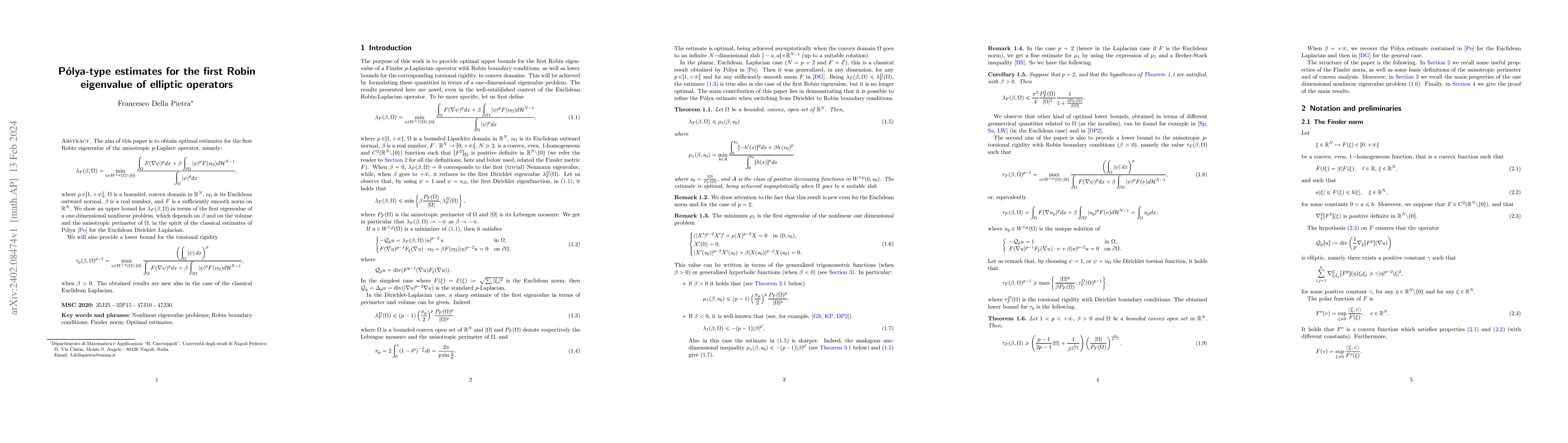 Thumbnail for P\'olya-type estimates for the first Robin eigenvalue of elliptic
  operators