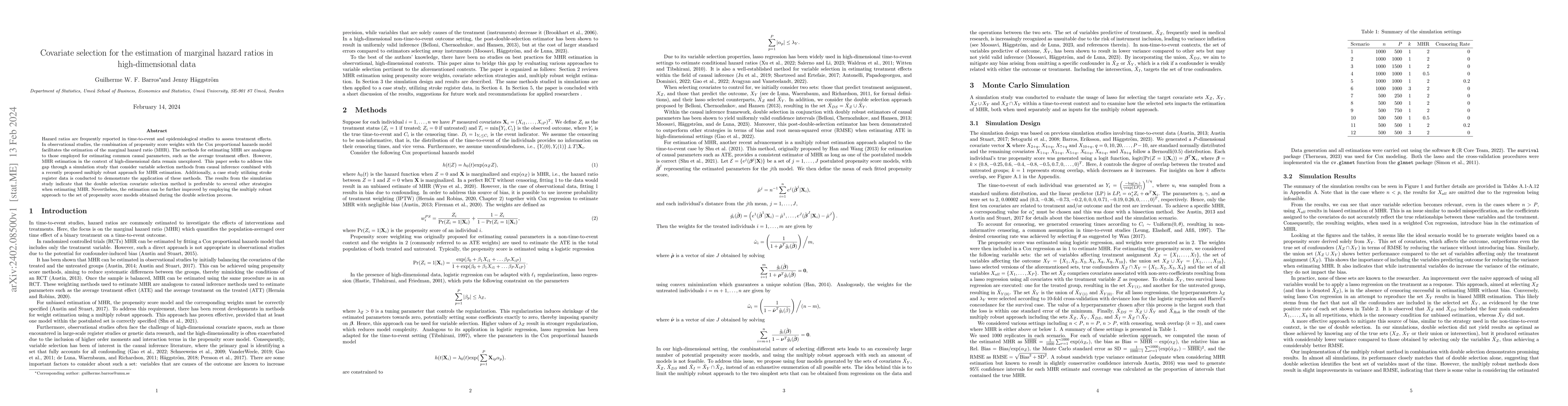 Thumbnail for Covariate selection for the estimation of marginal hazard ratios in
  high-dimensional data