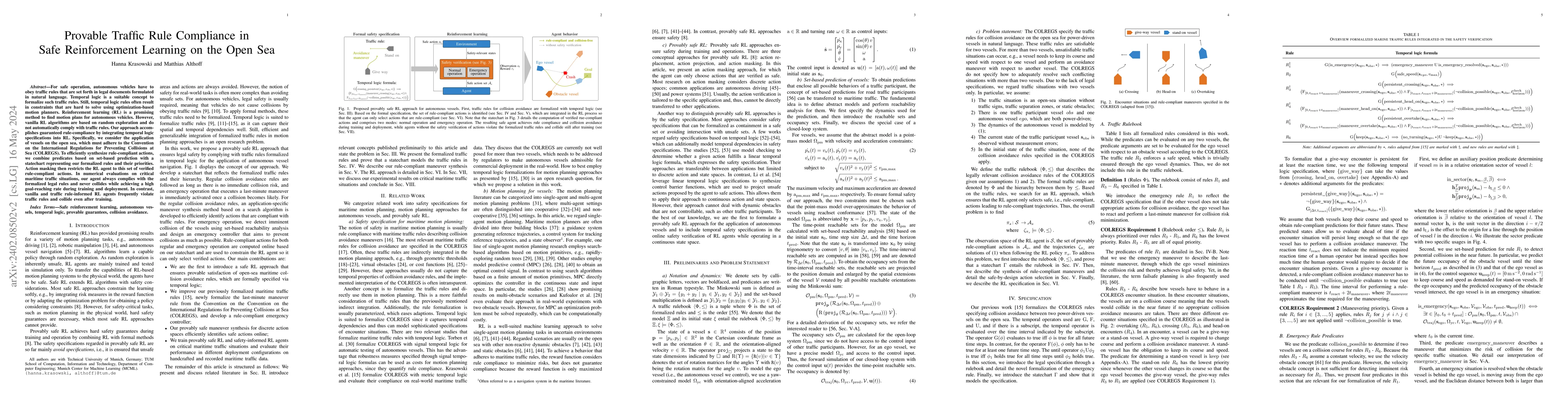 Thumbnail for Provable Traffic Rule Compliance in Safe Reinforcement Learning on the
  Open Sea