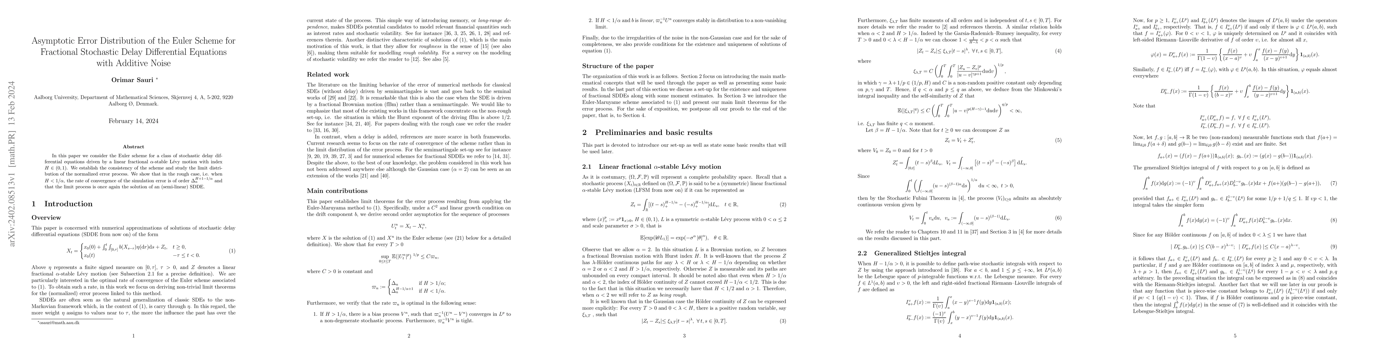 Thumbnail for Asymptotic Error Distribution of the Euler Scheme for Fractional
  Stochastic Delay Differential Equations with Additive Noise