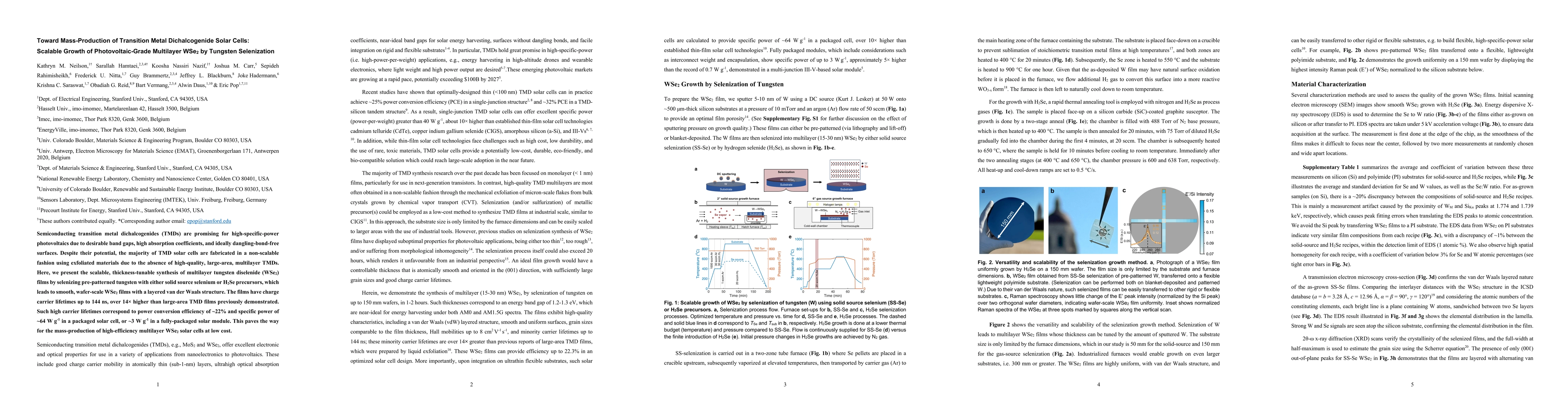 Thumbnail for Toward Mass-Production of Transition Metal Dichalcogenide Solar Cells:
  Scalable Growth of Photovoltaic-Grade Multilayer WSe2 by Tungsten
  Selenization