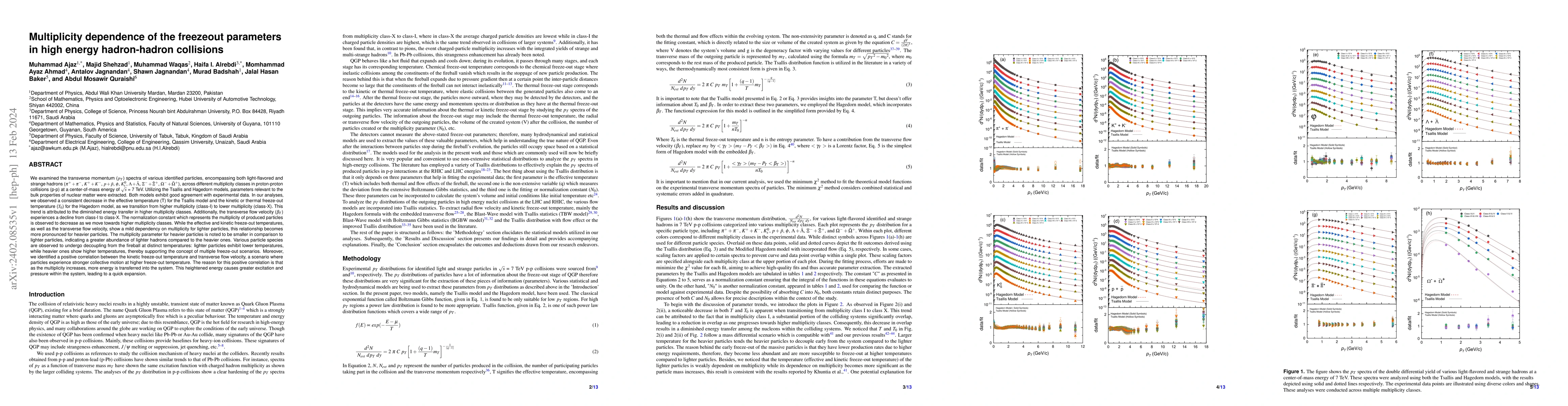 Thumbnail for Multiplicity dependence of the freezeout parameters in high energy
  hadron-hadron collisions