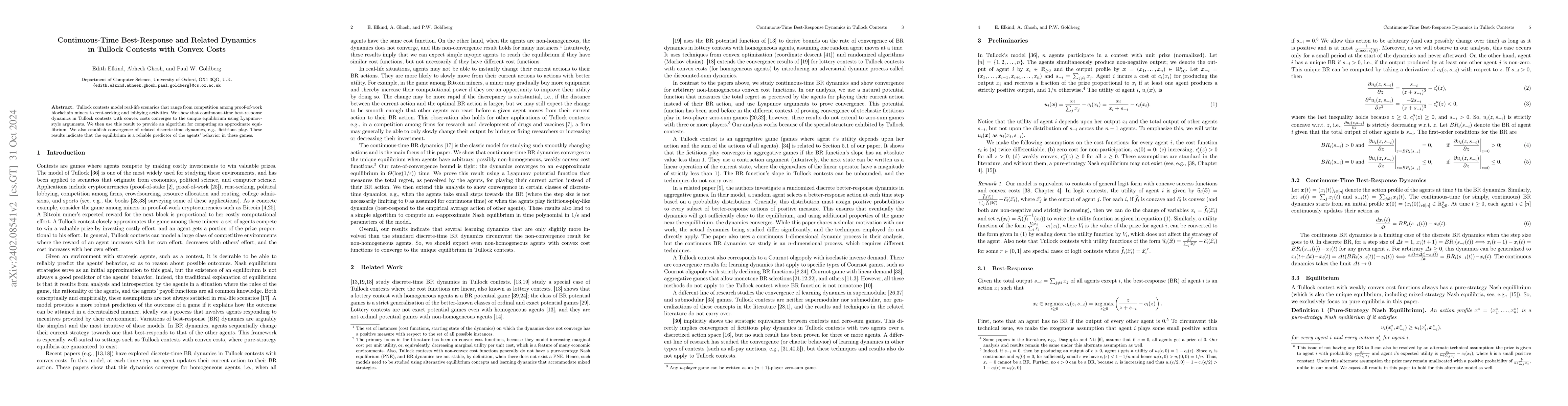 Thumbnail for Continuous-Time Best-Response and Related Dynamics in Tullock Contests
  with Convex Costs
