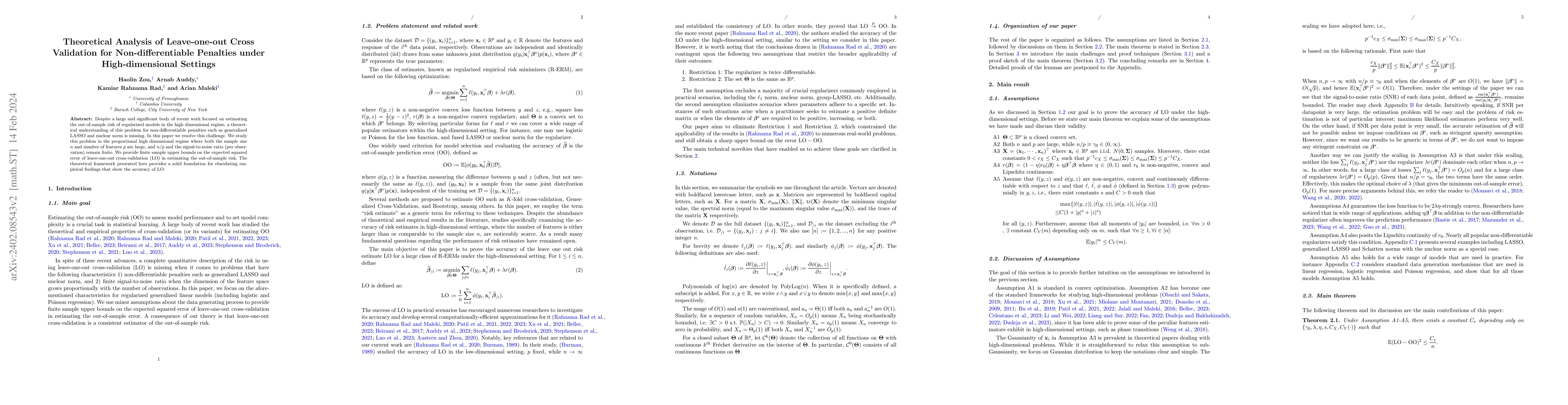 Thumbnail for Theoretical Analysis of Leave-one-out Cross Validation for
  Non-differentiable Penalties under High-dimensional Settings