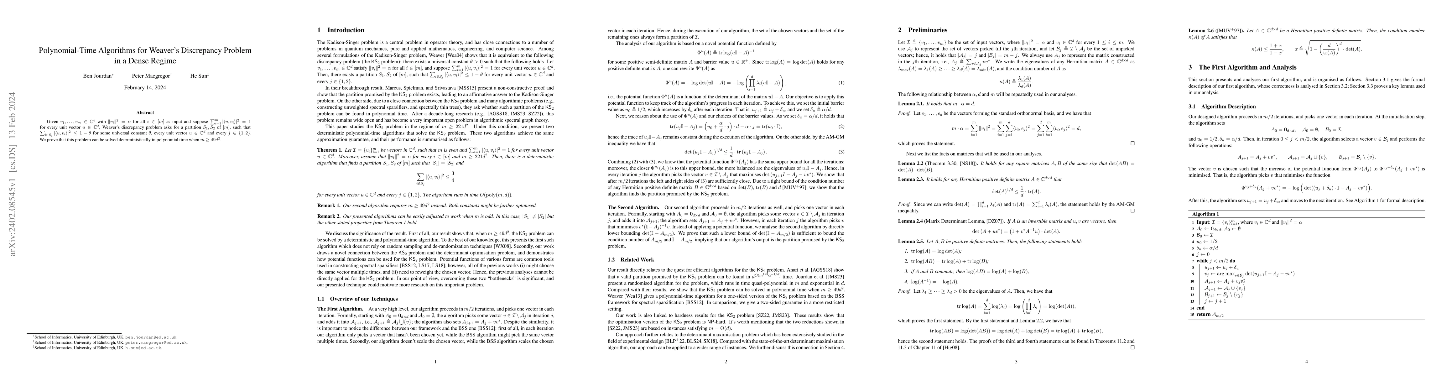 Thumbnail for Polynomial-Time Algorithms for Weaver's Discrepancy Problem in a Dense
  Regime