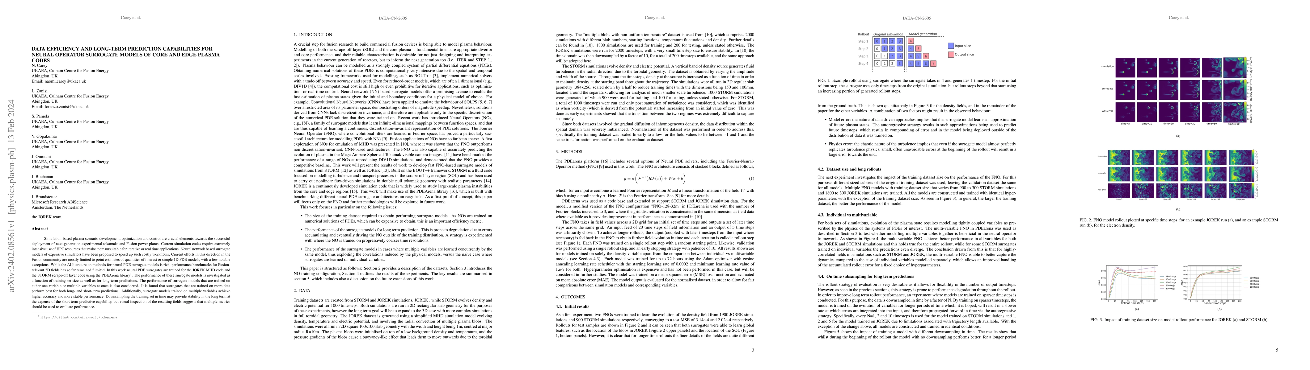 Thumbnail for Data efficiency and long term prediction capabilities for neural
  operator surrogate models of core and edge plasma codes