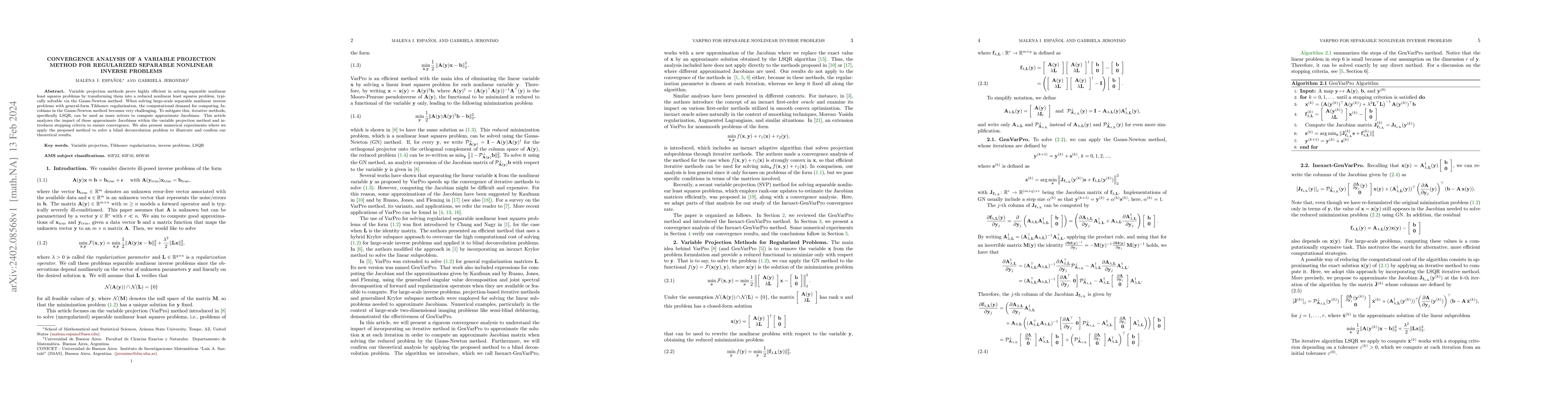 Thumbnail for Convergence Analysis of a Variable Projection Method for Regularized
  Separable Nonlinear Inverse Problems