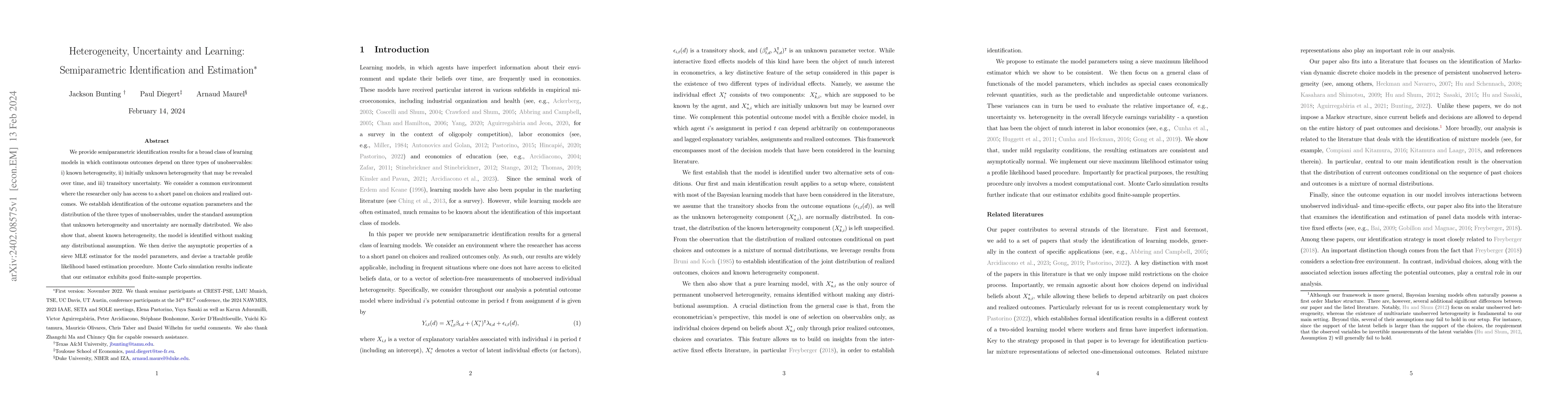 Thumbnail for Heterogeneity, Uncertainty and Learning: Semiparametric Identification
  and Estimation