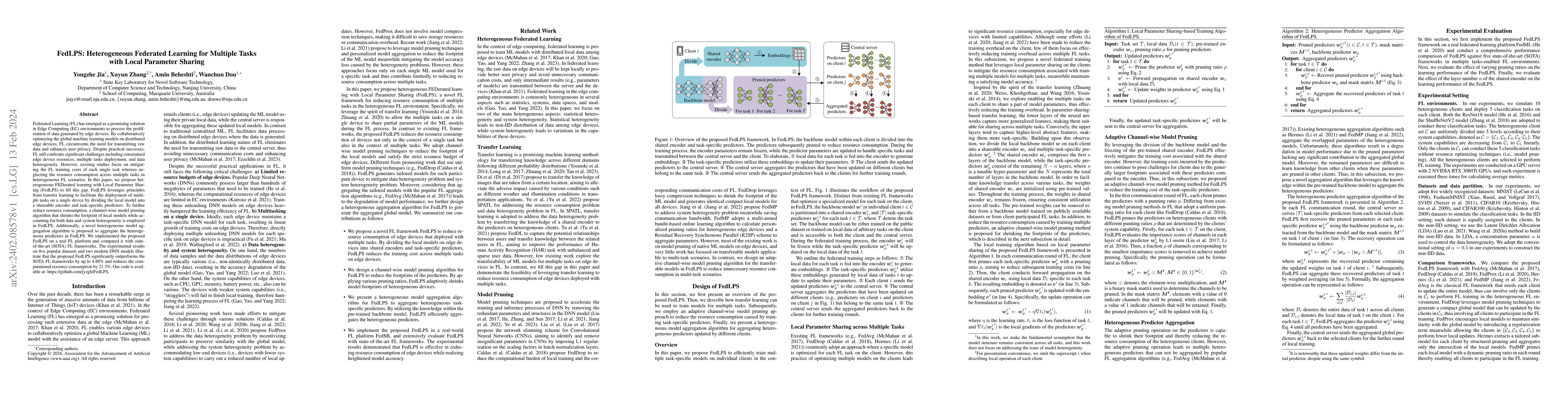 Thumbnail for FedLPS: Heterogeneous Federated Learning for Multiple Tasks with Local
  Parameter Sharing