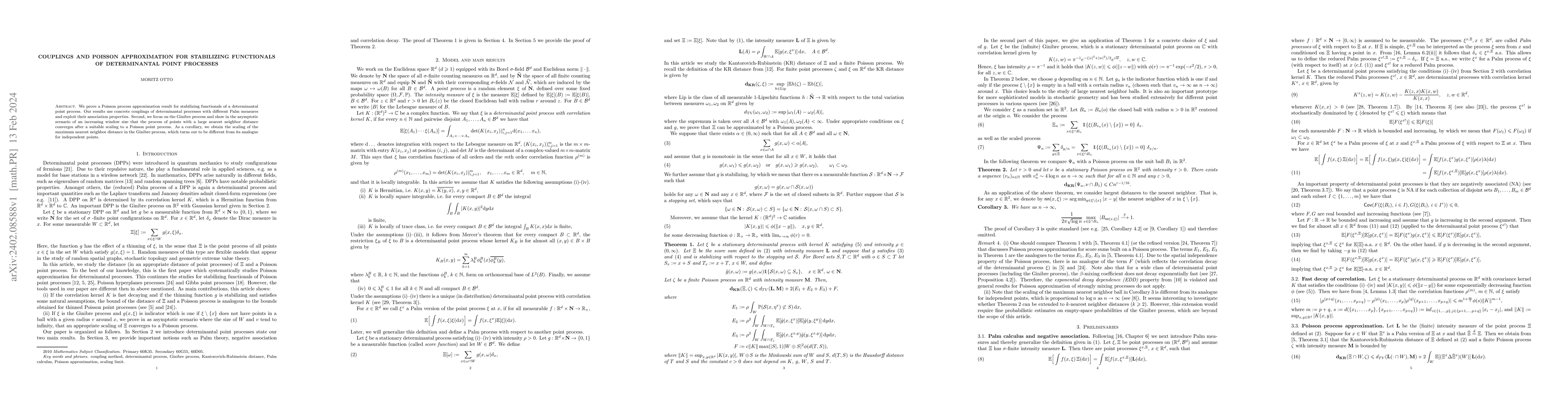 Thumbnail for Couplings and Poisson approximation for stabilizing functionals of
  determinantal point processes