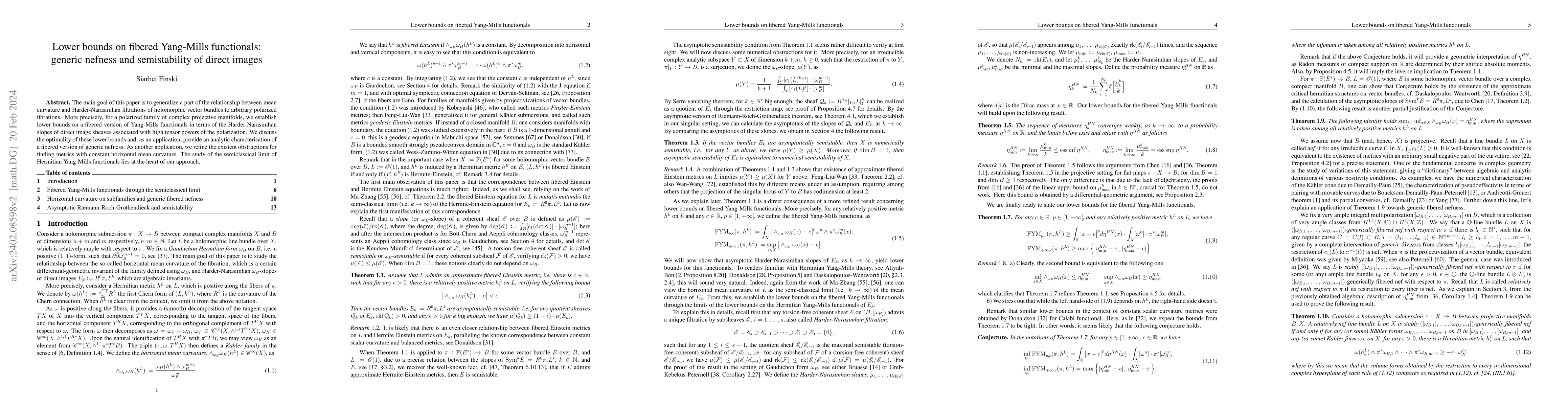 Thumbnail for Lower bounds on fibered Yang-Mills functionals: generic nefness and
  semistability of direct images
