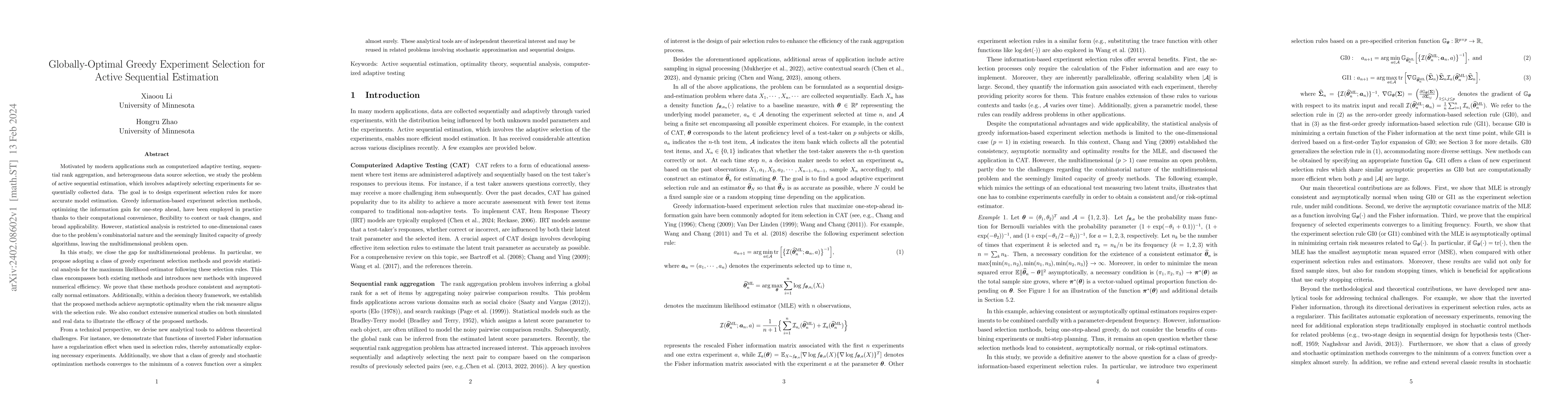 Thumbnail for Globally-Optimal Greedy Experiment Selection for Active Sequential
  Estimation