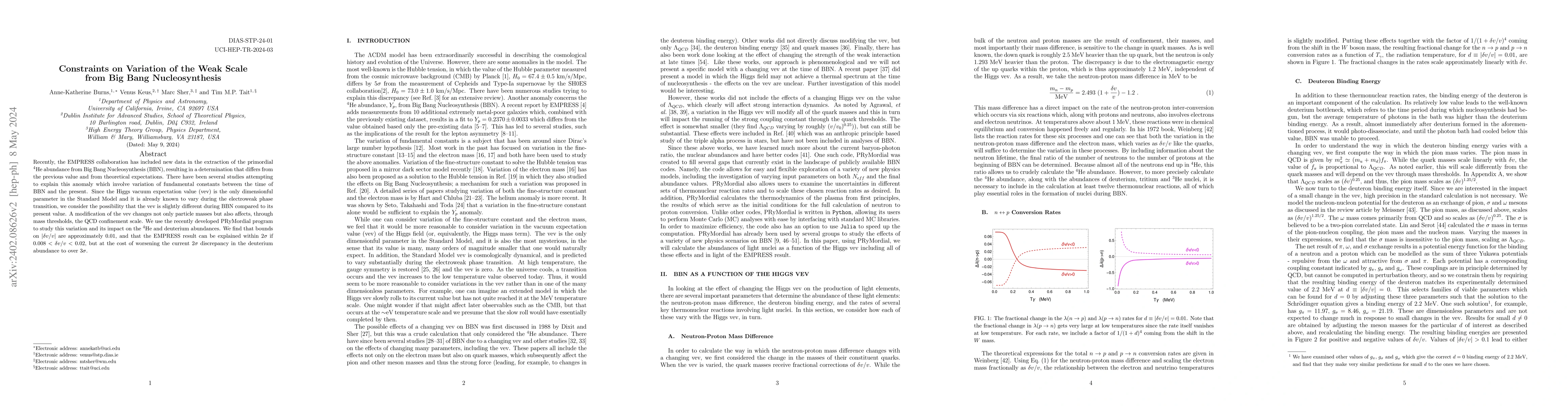 Thumbnail for Constraints on Variation of the Weak Scale from Big Bang Nucleosynthesis