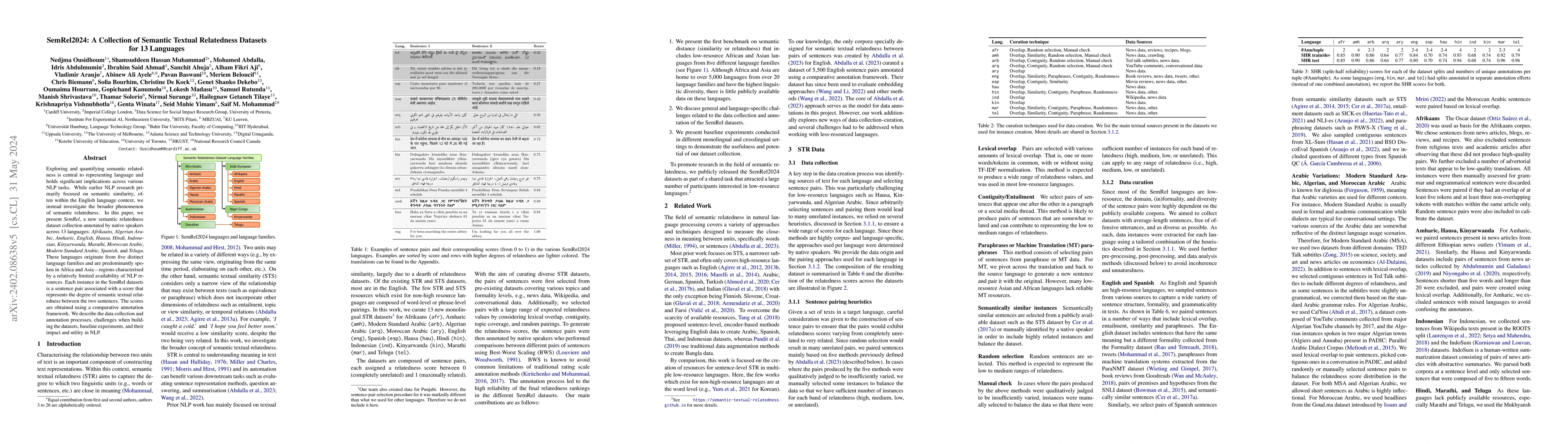 Thumbnail for SemRel2024: A Collection of Semantic Textual Relatedness Datasets for 13
  Languages