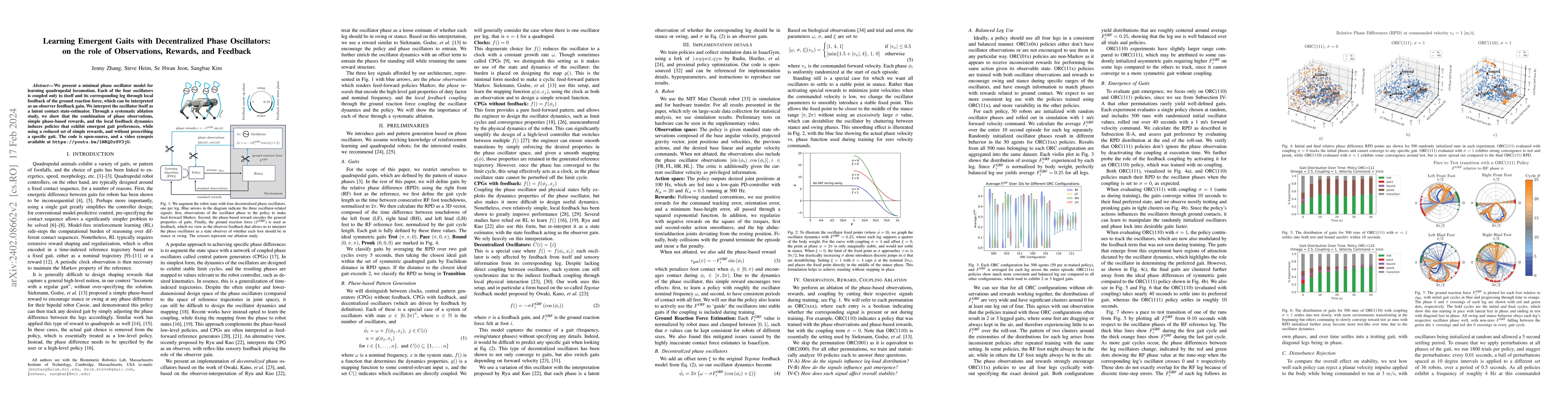 Thumbnail for Learning Emergent Gaits with Decentralized Phase Oscillators: on the
  role of Observations, Rewards, and Feedback