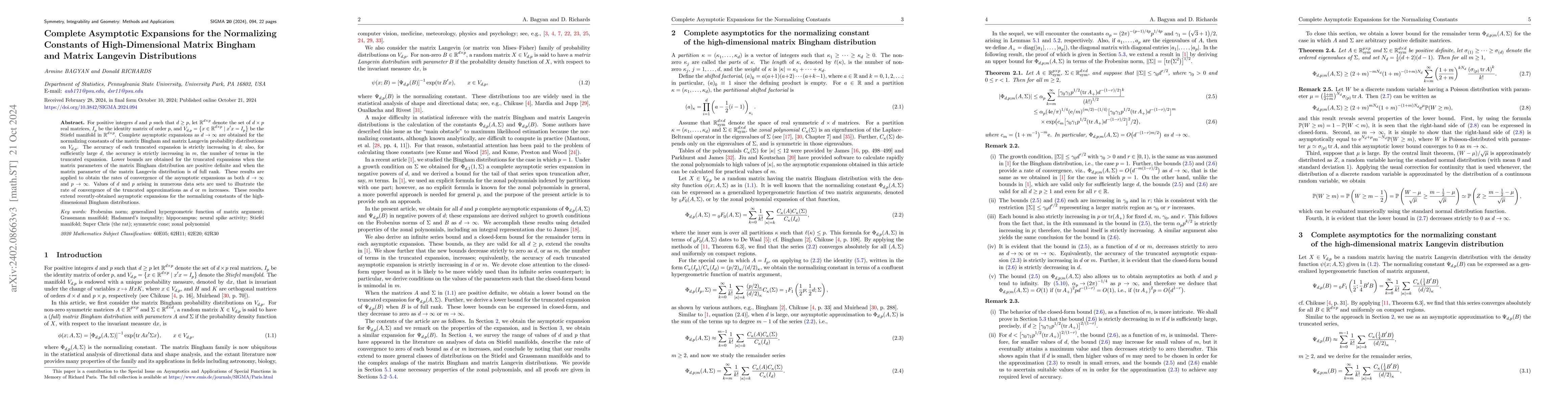 Thumbnail for Complete Asymptotic Expansions for the Normalizing Constants of
  High-Dimensional Matrix Bingham and Matrix Langevin Distributions