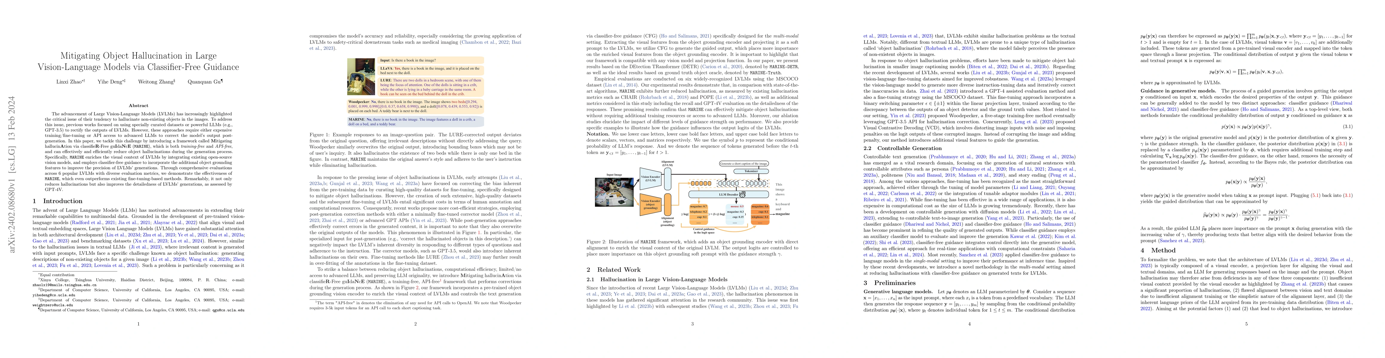 Thumbnail for Mitigating Object Hallucination in Large Vision-Language Models via
  Classifier-Free Guidance