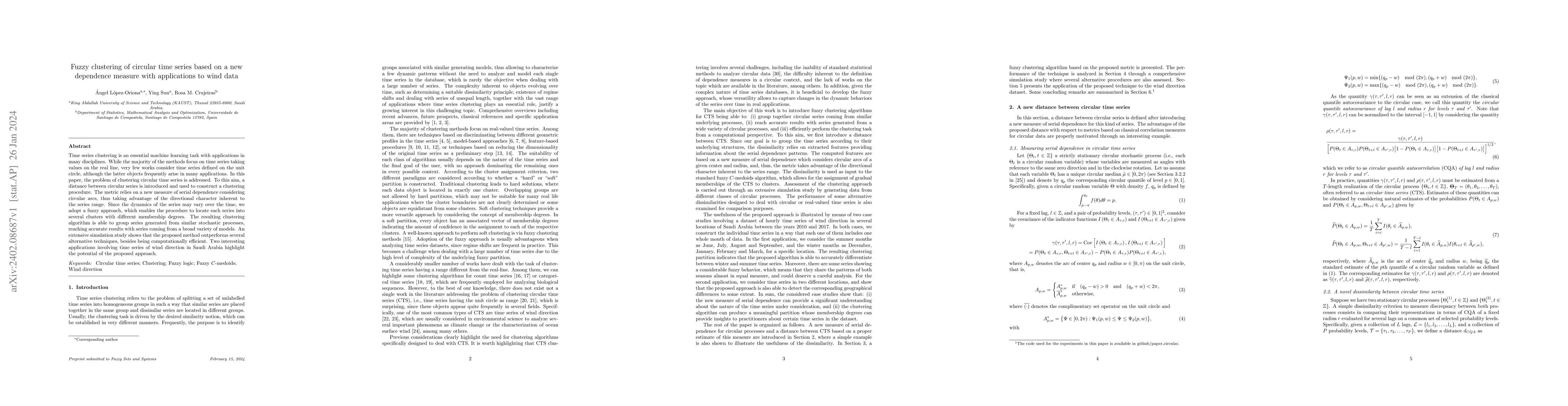 Thumbnail for Fuzzy clustering of circular time series based on a new dependence
  measure with applications to wind data