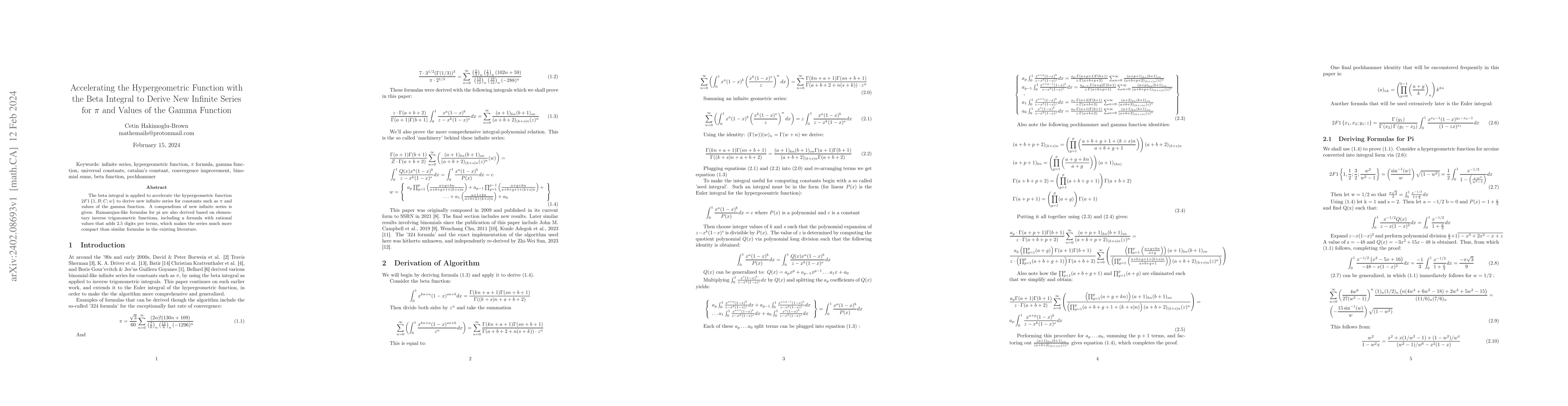 Thumbnail for Accelerating the Hypergeometric Function with the Beta Integral to
  Derive New Infinite Series for $\pi$ and Values of the Gamma Function