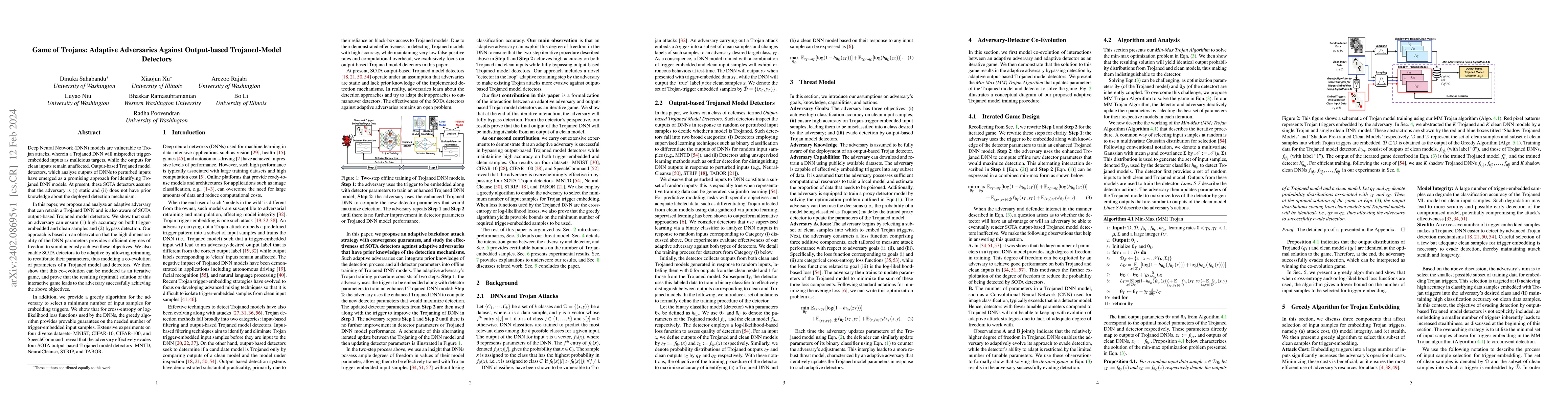 Thumbnail for Game of Trojans: Adaptive Adversaries Against Output-based
  Trojaned-Model Detectors