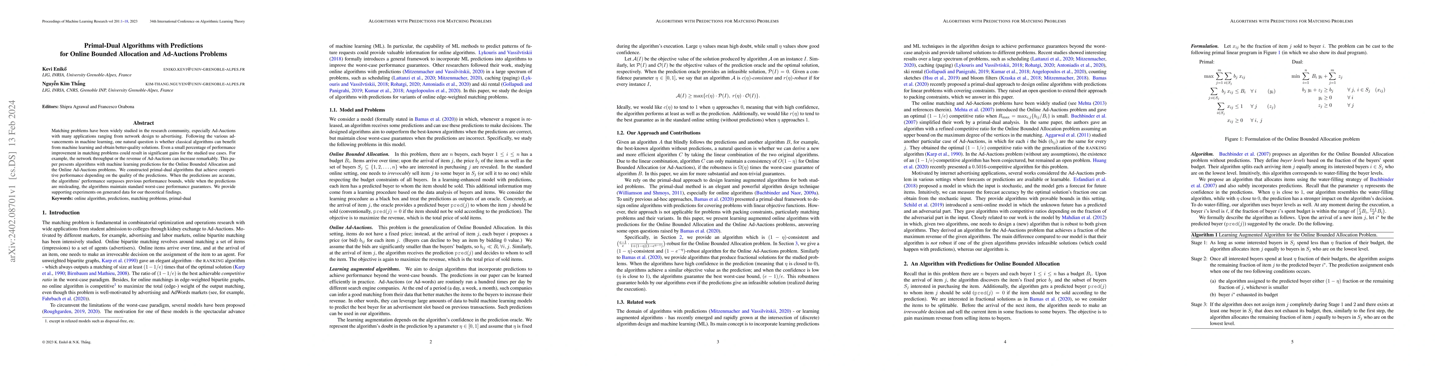 Thumbnail for Primal-Dual Algorithms with Predictions for Online Bounded Allocation
  and Ad-Auctions Problems