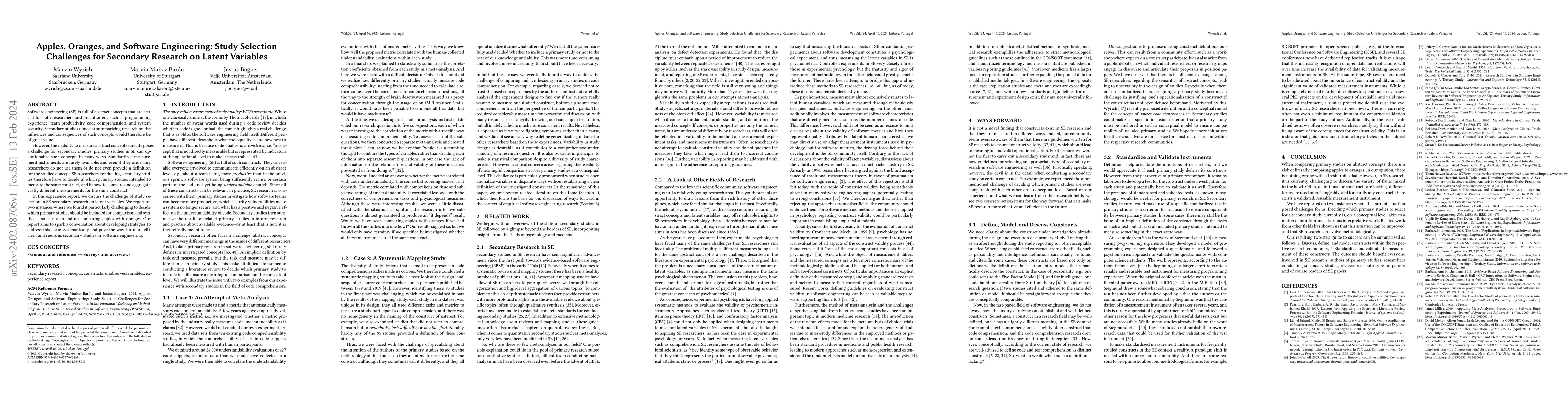 Thumbnail for Apples, Oranges, and Software Engineering: Study Selection Challenges
  for Secondary Research on Latent Variables