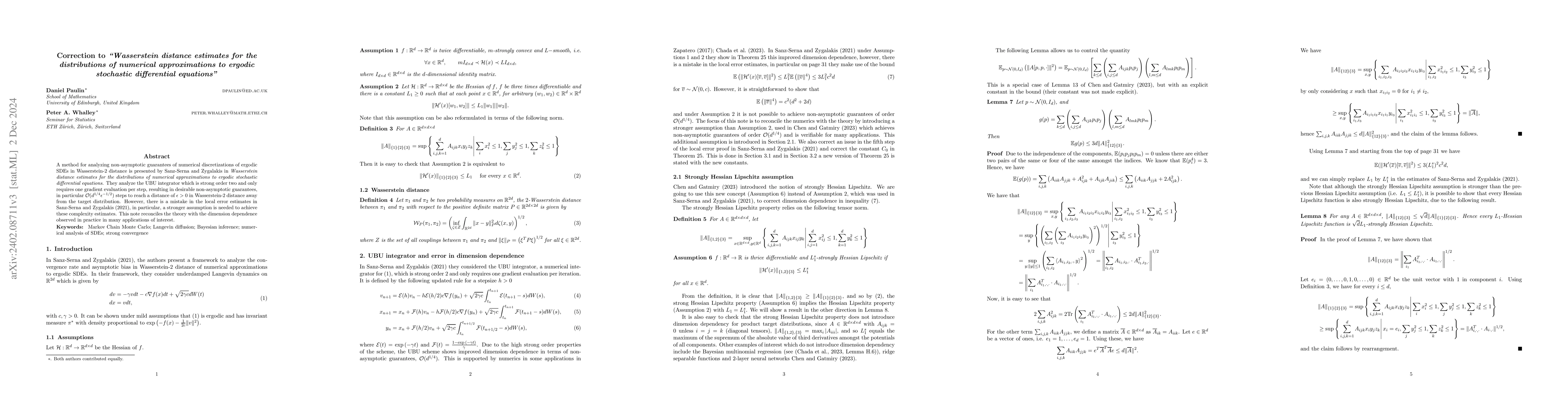 Thumbnail for Correction to "Wasserstein distance estimates for the distributions of
  numerical approximations to ergodic stochastic differential equations"