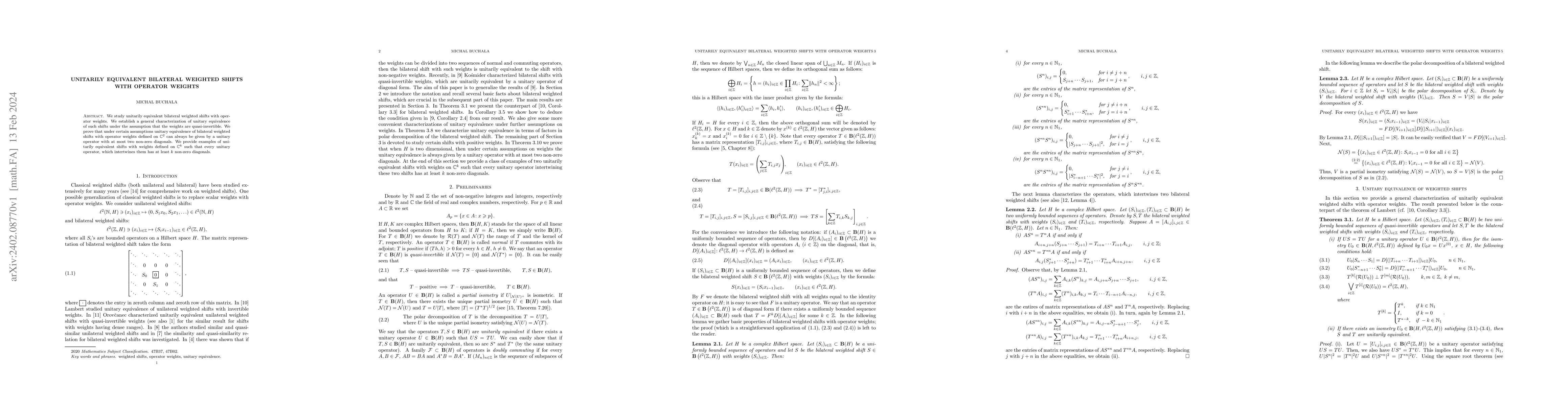 Thumbnail for Unitarily equivalent bilateral weighted shifts with operator weights