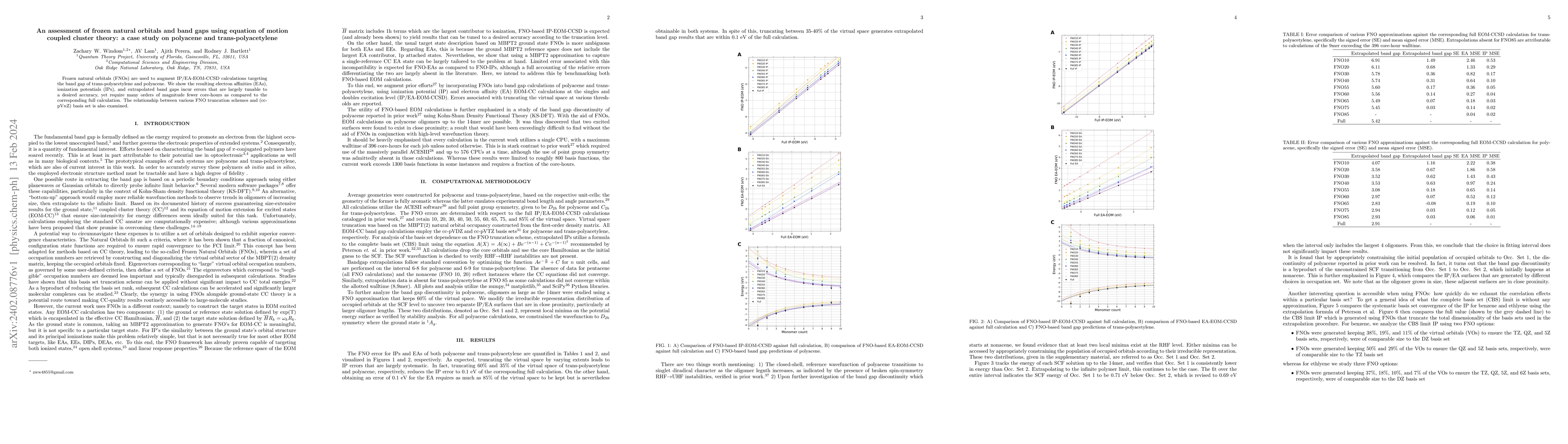 Thumbnail for An assessment of frozen natural orbitals and band gaps using equation of
  motion coupled cluster theory: a case study on polyacene and
  trans-polyacetylene
