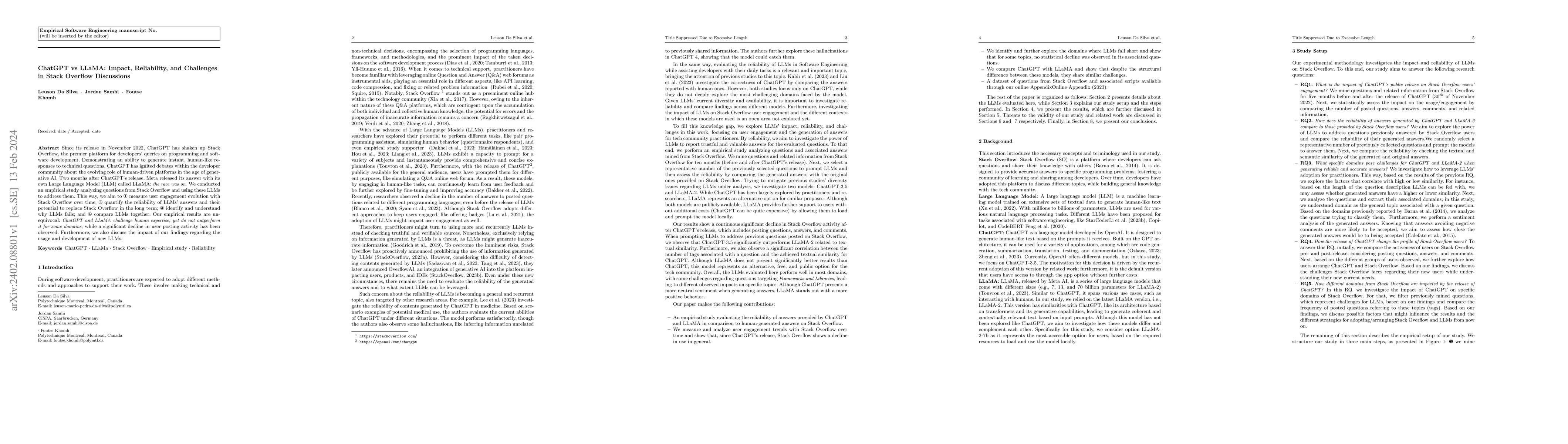 Thumbnail for ChatGPT vs LLaMA: Impact, Reliability, and Challenges in Stack Overflow
  Discussions