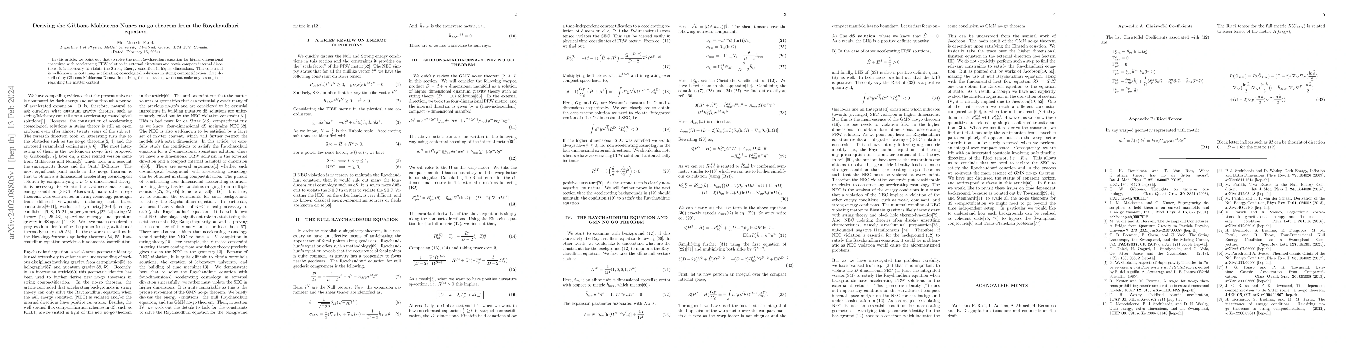 Thumbnail for Deriving the Gibbons-Maldacena-Nunez no-go theorem from the Raychaudhuri
  equation