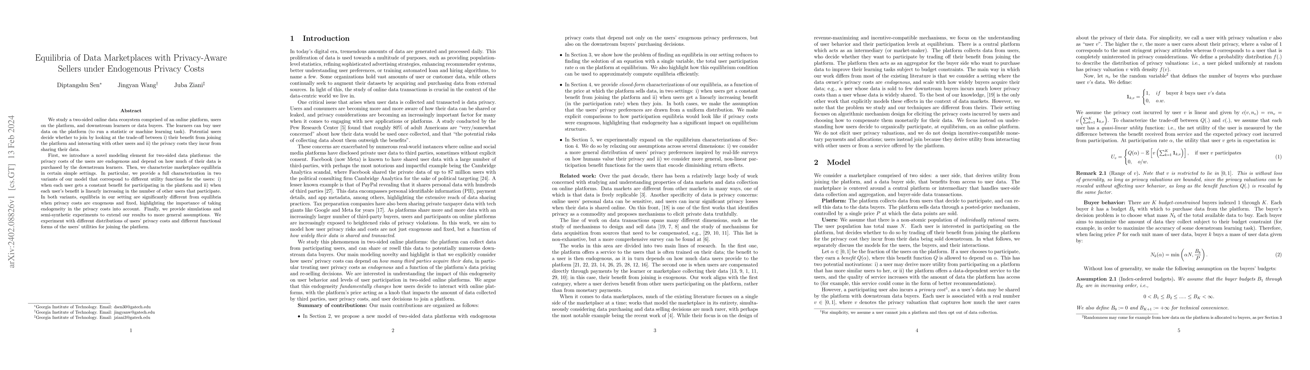 Thumbnail for Equilibria of Data Marketplaces with Privacy-Aware Sellers under
  Endogenous Privacy Costs