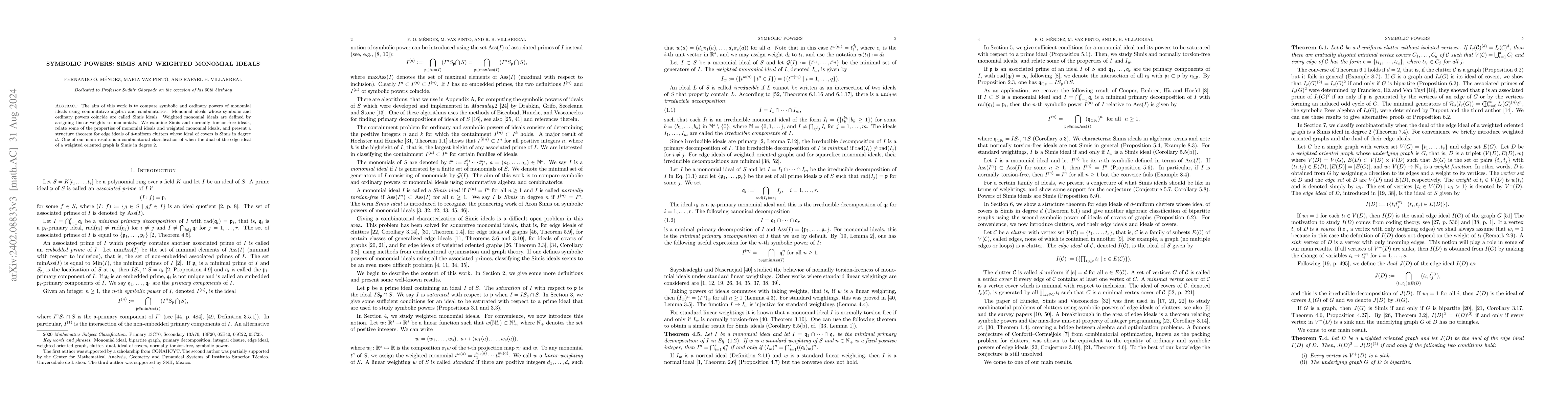Thumbnail for Symbolic powers: Simis and weighted monomial ideals